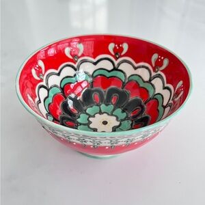 Vintage Anthropologie Footed Bowl Red Teal Elka Ayaka Floral Pedestal cereal